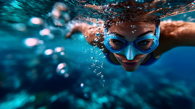 A woman is swimming in the ocean wearing a blue swimsuit and goggles - Powered by Adobe