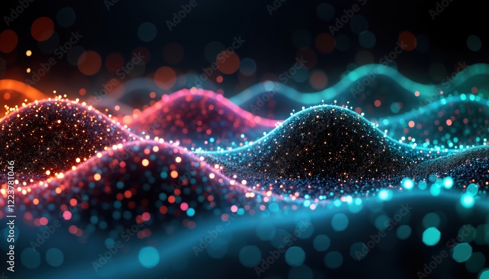 Aufkleber Futuristic abstract graphic illustration shows neon dots connected by links forming wavy patterns on dark background. Dynamic digital graph suggests data analysis financial trends. Illustrates