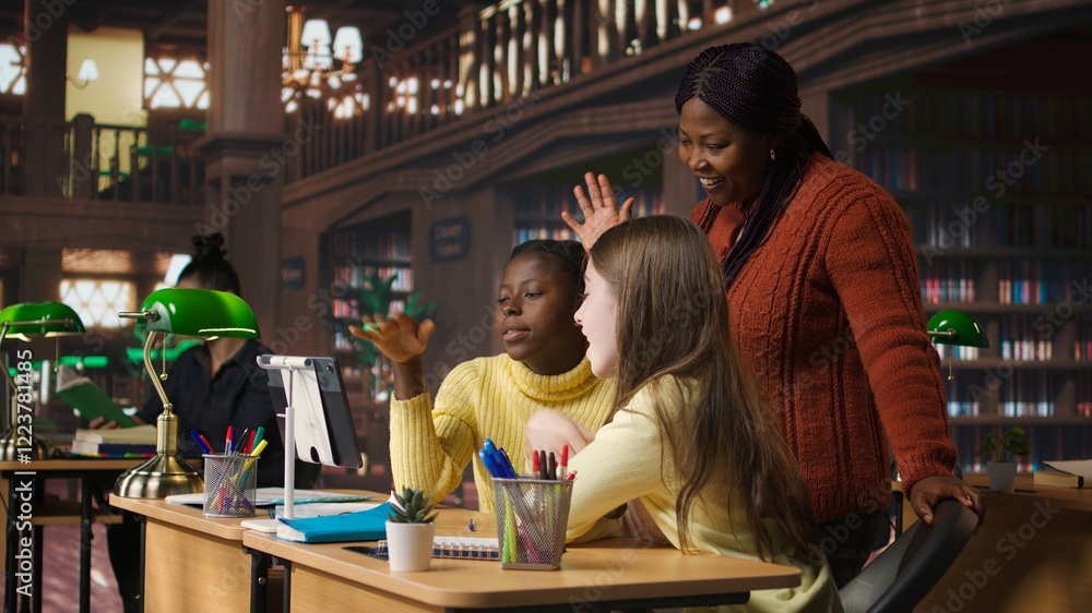 Poster elementary school pupils and tutor attend a live online course lesson from the library desk, connect