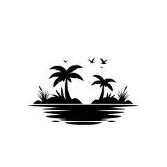 Fototapeta premium Tranquil Island Paradise: Palm Trees, Ocean, and Birds Silhouette - A Serene Tropical Getaway