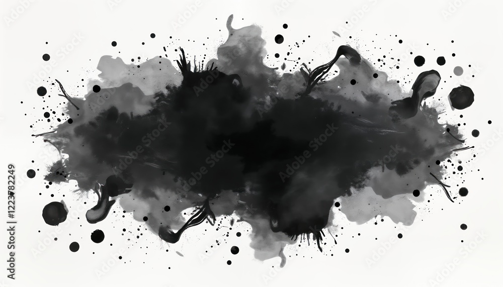 Poster abstract black watercolor paint splatter design on white background. artistic brush strokes, splatte