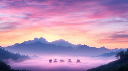 Fototapeta premium Misty sunrise over mountains, boats on lake, serene landscape, travel postcard