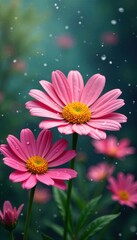 A whimsical cluster of colorful daisies with gentle raindrops on them, daisy, yellow