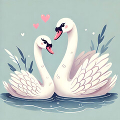 Obraz premium Mother swan with baby swans swimming in a pond. Vector cartoon illustration 