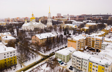 Aerial view of reconstructed five domed church and bell tower of Spassky Cathedral in Penza on...