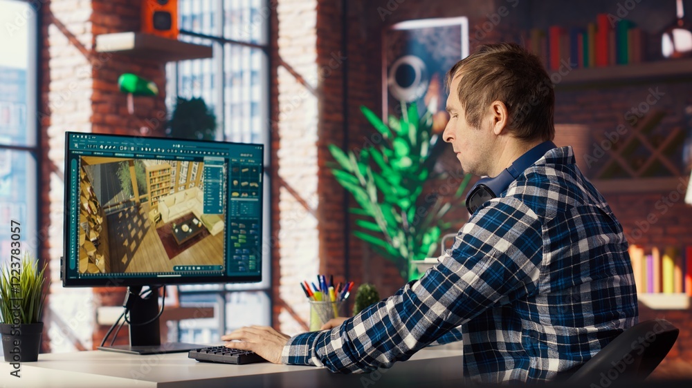 Poster architectural designer in home office moving assets in 3d modeling program, doing interior design pr