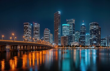 Naklejka premium Miami downtown skyline panorama at night. Skyscrapers reflect in calm water. City lights illuminate buildings. Concrete bridge spans waterway. Urban landscape, night view, florida city.