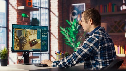 Architectural designer in home office moving assets in 3D modeling program, doing interior design project. Man looking at CAD software interface on PC, making home floor plans, camera B