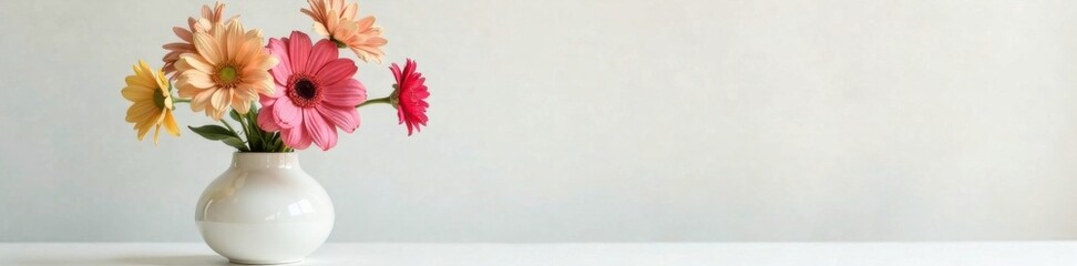 Assorted flowers in a elegant and simple white vase , minimalist, ranunculus