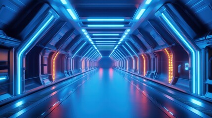 Fototapeta premium Futuristic Neon Lit Spaceship Corridor