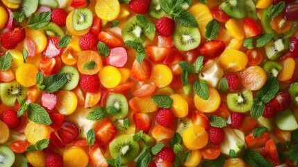 Top view of colorful fruit salad with mint leaves