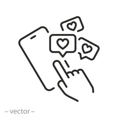 social media engagement icon, mobile phone comments, click hearts likes, thin line symbol - editable stroke vector illustration