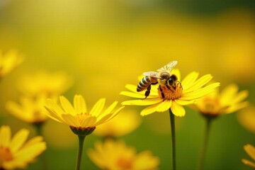Naklejka premium Beautiful bee amidst a sea of yellow daisies, nature, flowers