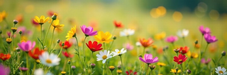 Fototapeta premium Blooming wildflowers in a field, wildflowers field, floral scene, blooming flowers