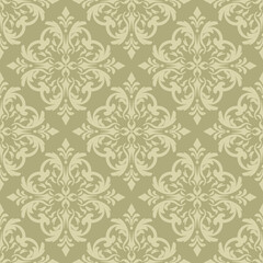 Vector Damask seamless Pattern with Light Green Motifs on Green Background. 