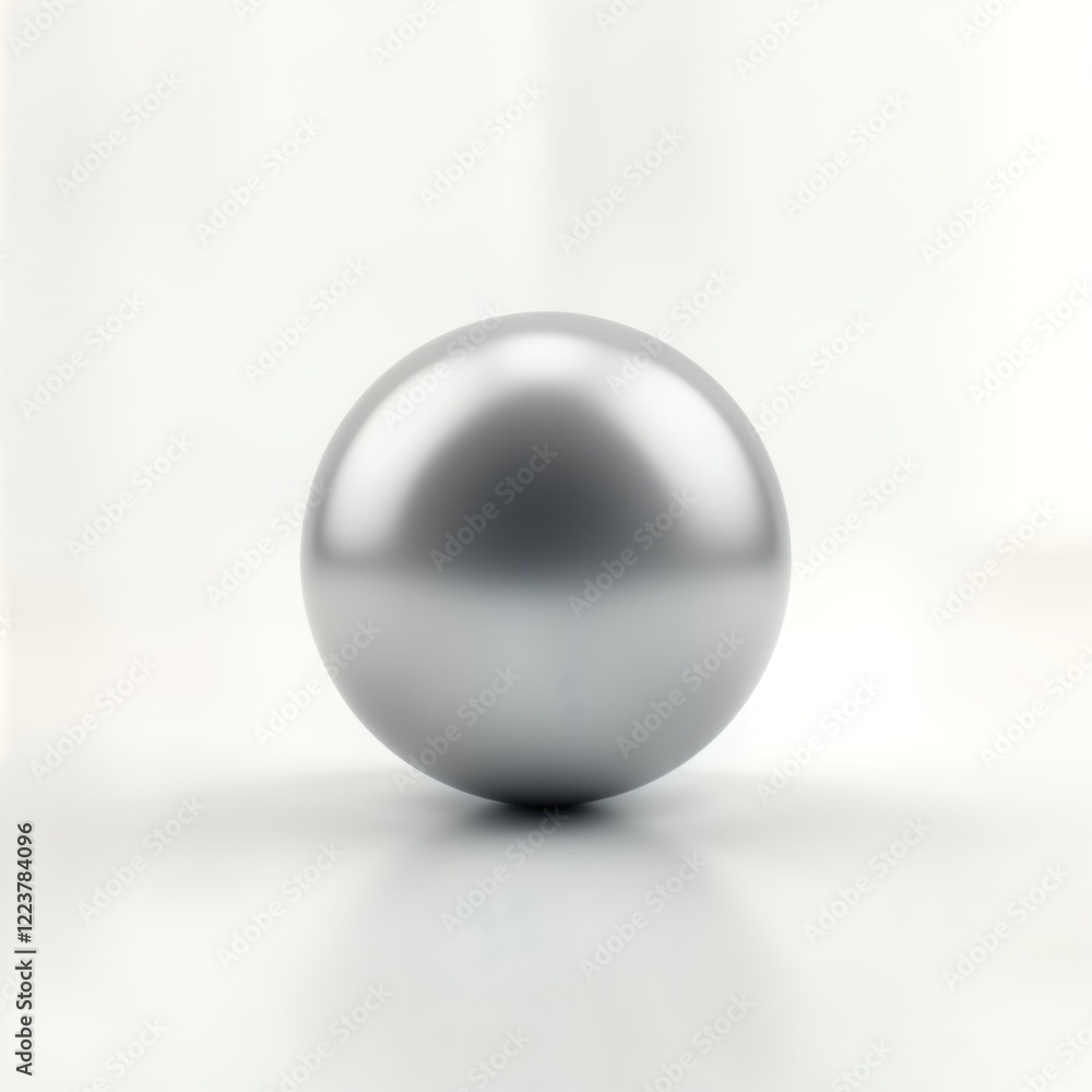 Poster Silver round sphere stands on plain white background. Modern simple design. Abstract geometric form. Elegant, polished sphere. Shiny metallic surface. Unique shape. Perfect for design projects.