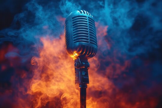 Vintage microphone surrounded by colorful smoke in dramatic lighting for music and performance concept