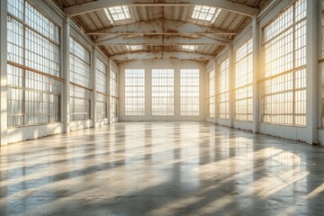 Inside an Empty Old White Warehouse with Large Windows