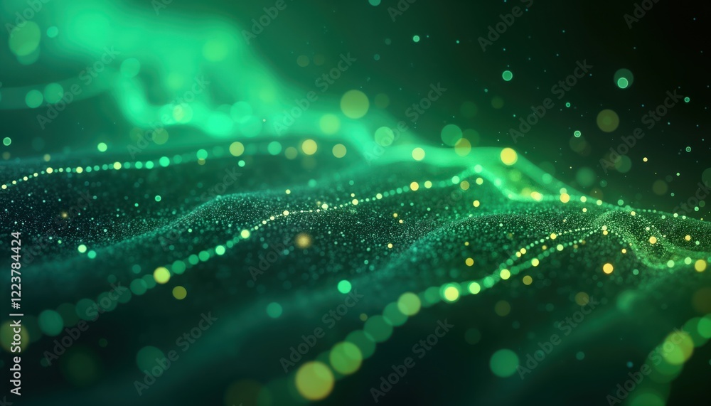 Poster Dynamic digital data flow. Abstract tech visualization. Green, blue lines, points. Futuristic, energetic design. Waves of glowing data points. Abstract tech background. Modern motion. Information