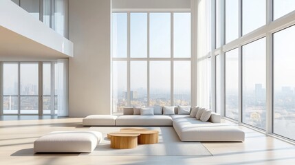 A stylish modern living room with floor-to-ceiling windows and minimalist.