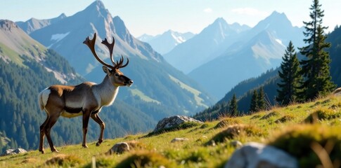 Caribou in mountainous terrain, mountains, arctic