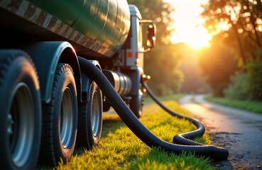 Sewerage truck empties home tank. Close-up shot of industrial hose. Rural countryside scene at sunset. Septic cleaning service underway. Vacuum truck pumps out home drainage. Pro septic maintenance.