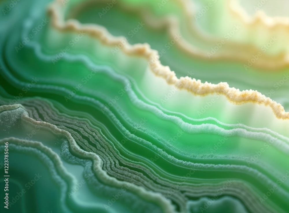 Poster Closeup view of green agate surface. Natural gemstone shows beautiful wave patterns. Green, beige colors create mesmerizing texture. Abstract design. Ideal for web print materials. Stylish background
