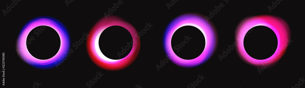 Aufkleber Black round circles with blurred neon gradients, glowing frames with holographic light blur effect. Trendy colorful fluid gradient elements, vivid futuristic blurry circle banner vector set. 