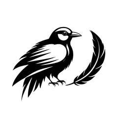 Obraz premium Bird Silhouette with Feather: Elegant Black and White Vector Design. Perfect for logo, emblem, or nature-themed art.