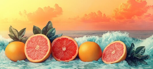 Vintage Summer Collage Tropical Fruits Beach Retro Woman Bikini Nostalgia Art