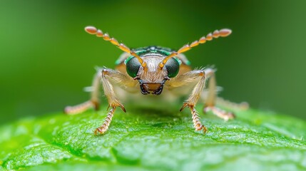 Fototapeta premium Green beetle macro shot on leaf, nature background, insect photography for science or nature publications