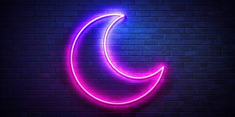 Neon Crescent Moon Sign on Brick Wall