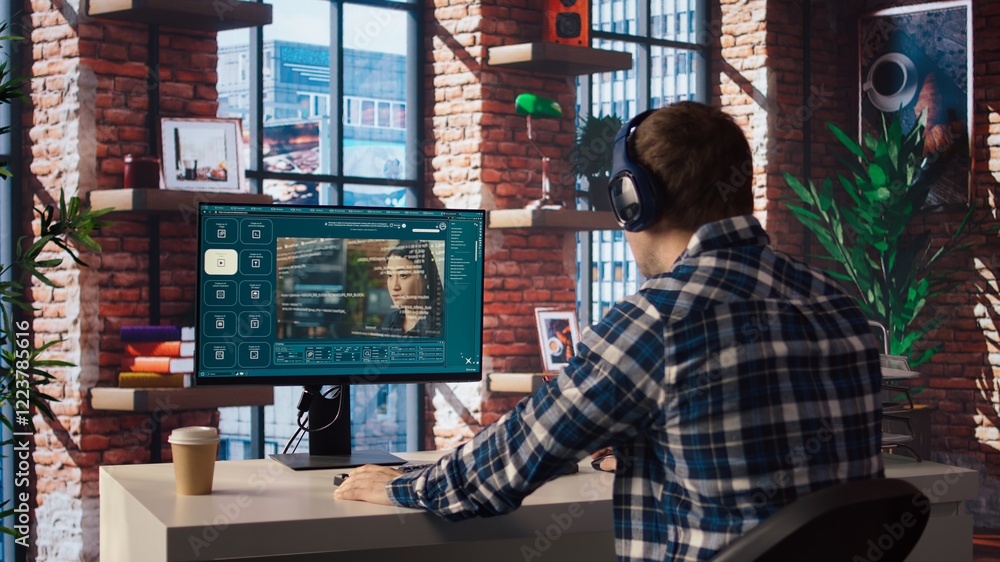Poster Man listening music while using AI program turning text prompt into videos. Person putting on headphones, interacting with text to video artificial intelligence generative model, camera A