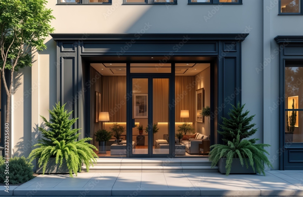 Poster urban storefront with large windows. daylight floods interior. modern design with elegant style. pla
