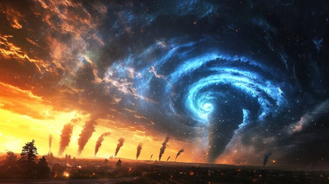 Flashing images of hurricanes and tornados populate the holographic skyline interspersed with data overlays of temperature changes illustrating the volatile nature of climate impacts.