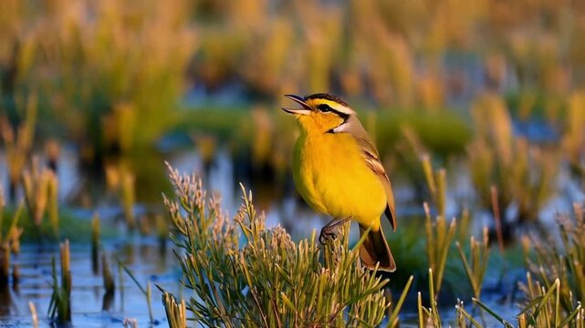 Vibrant yellow bird, perched on reeds, shallow water reflections, golden sunlight, wetland habitat, sharp focus, wildlife photography, colorful plumage, natural backdrop, bokeh effect, detailed feathe