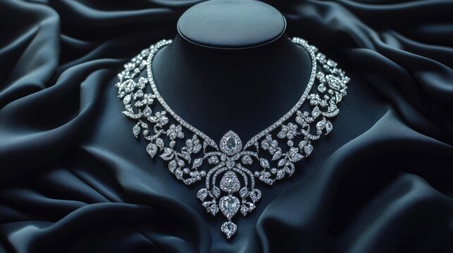 Antique diamond necklace with bold and intricate designs, styled on a black satin fabric.