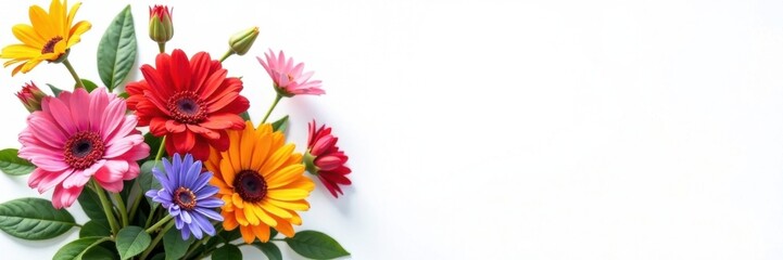 Colorful bouquet of flowers on white background, blooms, white background