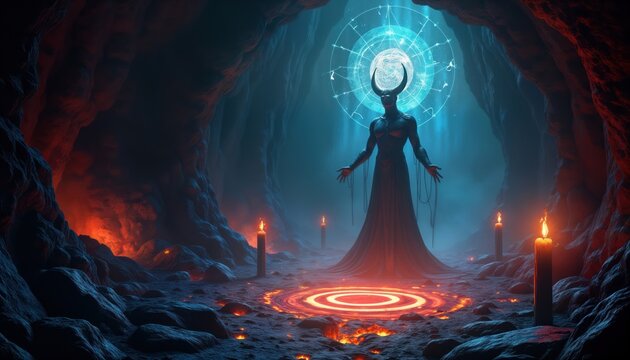 Mystical daemon stands in hidden grotto. Arcane symbols glow around powerful creature. Ethereal energy surrounds mystical in secret cave. Dark magical aura. Enchanting lifestyle. Ancient scene.