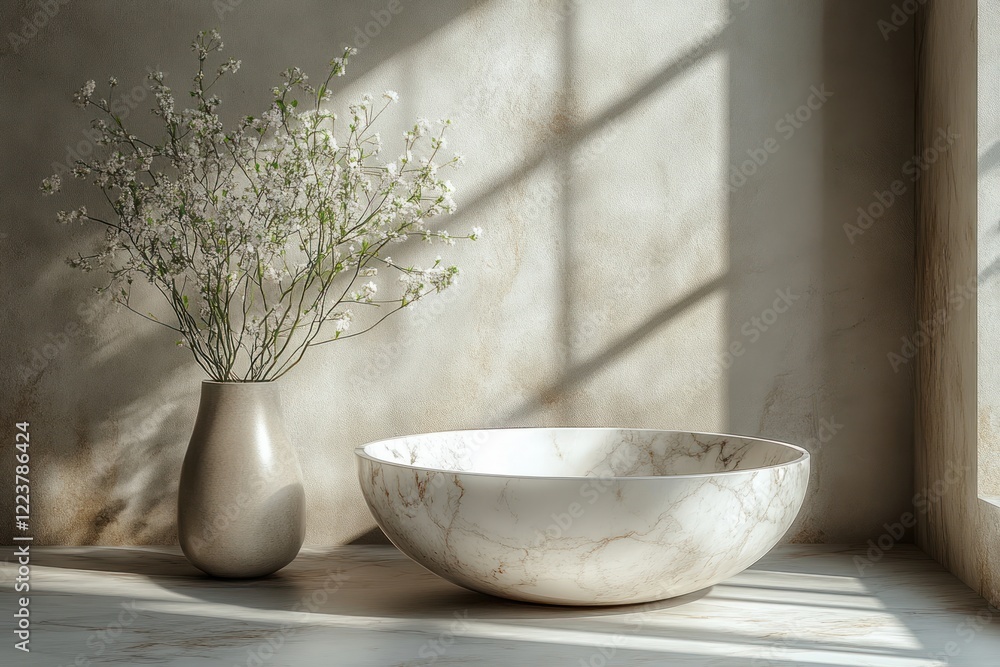 Poster white marble countertop with soft natural light and tree shadows for product display mockup