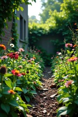 Abandoned garden with dead flowers and overgrown weeds, grunge, decayed