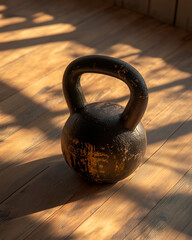 Fototapeta premium Vintage Kettlebell on Sunlit Hardwood Floor