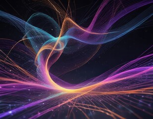 Abstract particles floating in a mesh of fibers background, with swirling motion and neon colors, futuristic, abstract