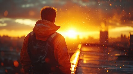 Construction Worker on Rooftop at Sunset Using Hammer in Safety Gear for House Building