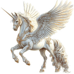 Fototapeta premium Majestic White Unicorn with Golden Wings Fantasy Art horse image regal isolated on transparent or white background, png