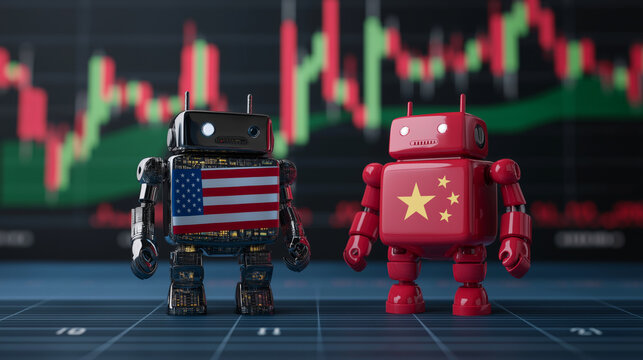 Two boxy robots, one featuring the American flag and the other the Chinese flag, face each other on a futuristic platform with rising and falling stock market charts in the blurred background.