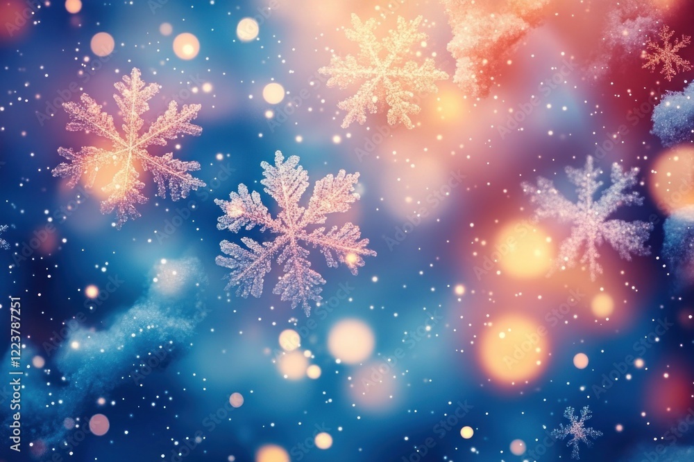 Poster winter abstract background with snowflakes bokeh sparkle and light