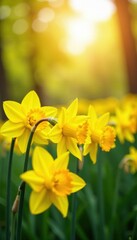 Obraz premium Daffodil Field with Warm Sunlight , sunshine, daffodils