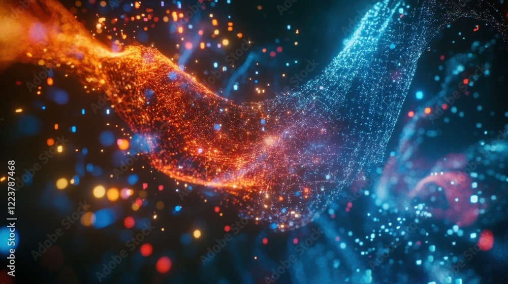Poster two glowing waves, one orange and one blue, are merging together, creating a colorful bokeh effect i