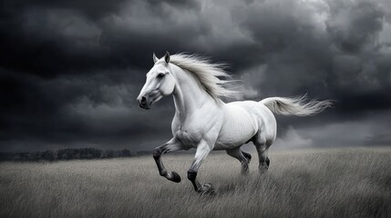 Fototapeta premium A wild horse galloping under a dramatic stormy sky in the open prairie